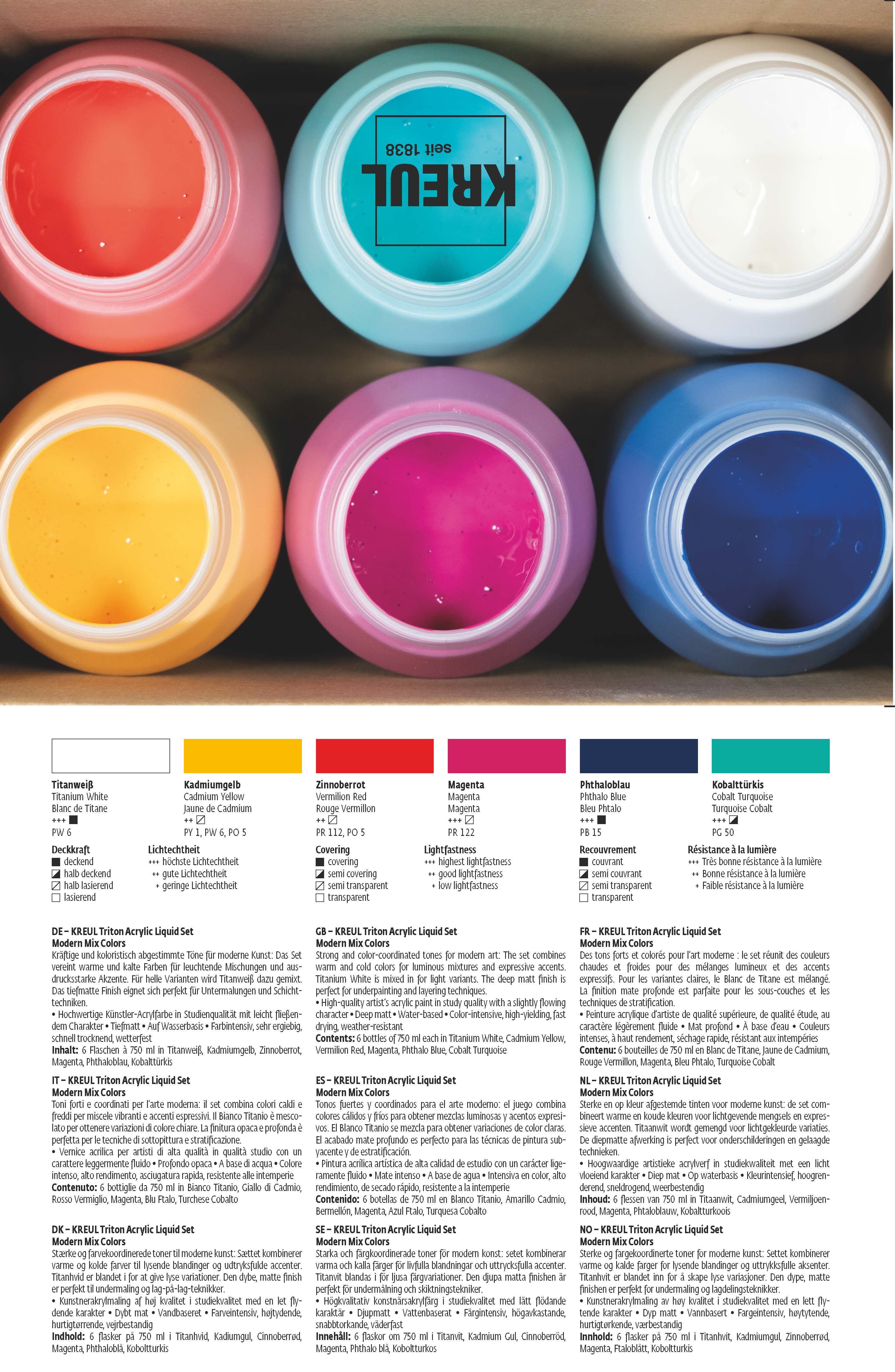 KREUL Triton Acrylic Liquid Set Modern Mix Colors 6 x 750 ml