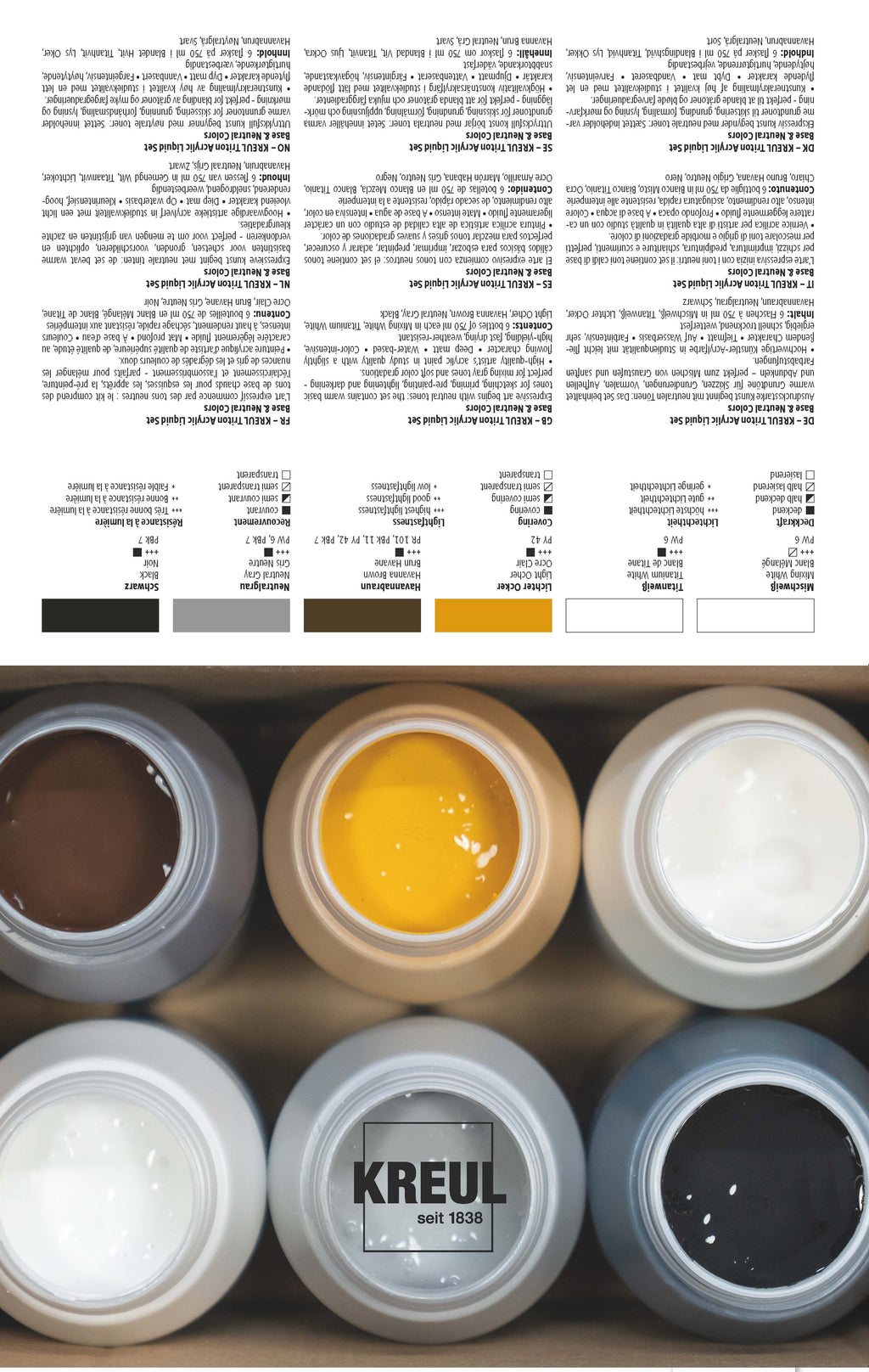 KREUL Triton Acrylic Liquid Set Base & Neutral Colors 6 x 750 ml