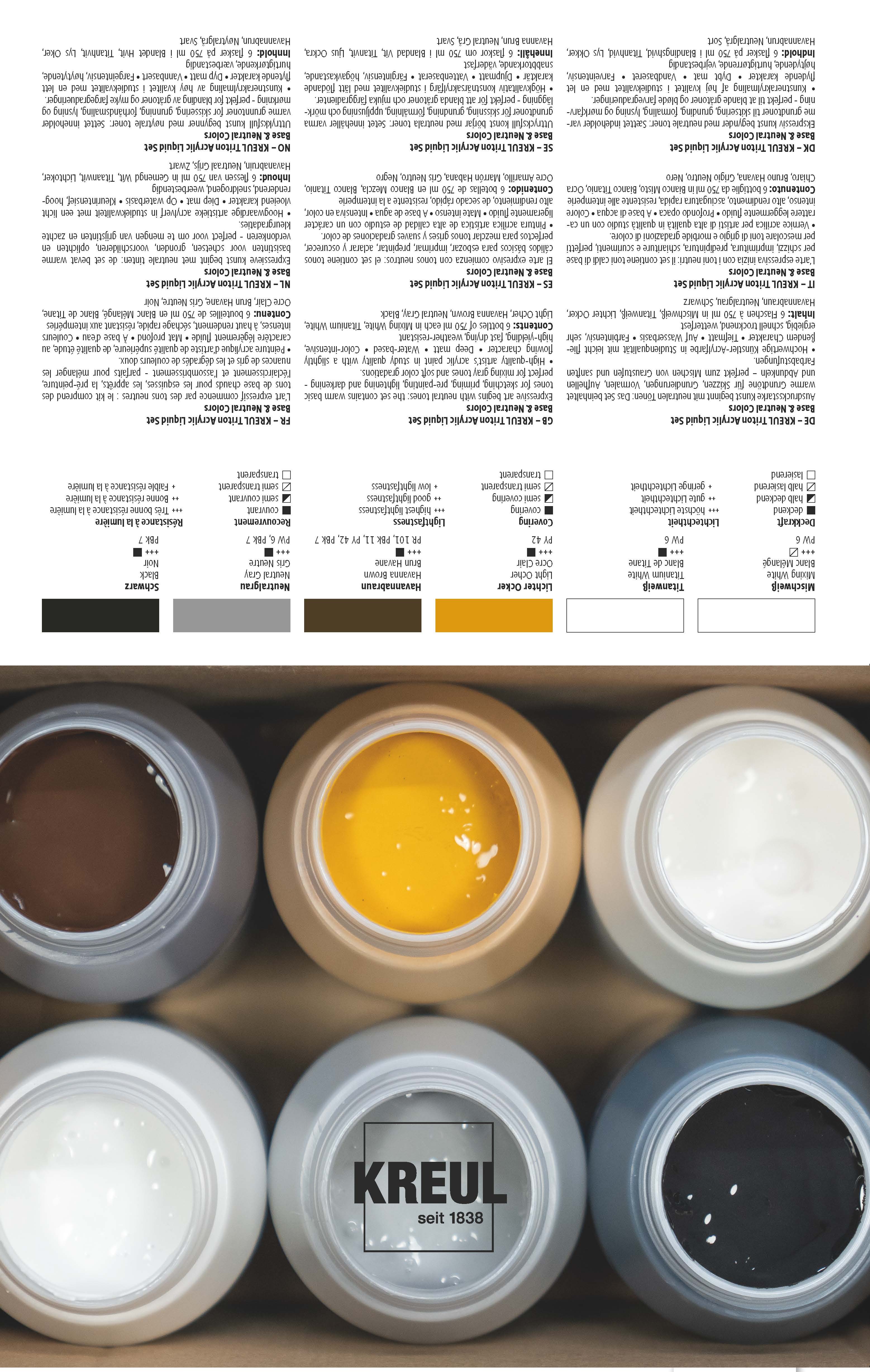 KREUL Triton Acrylic Liquid Set Base & Neutral Colors 6 x 750 ml