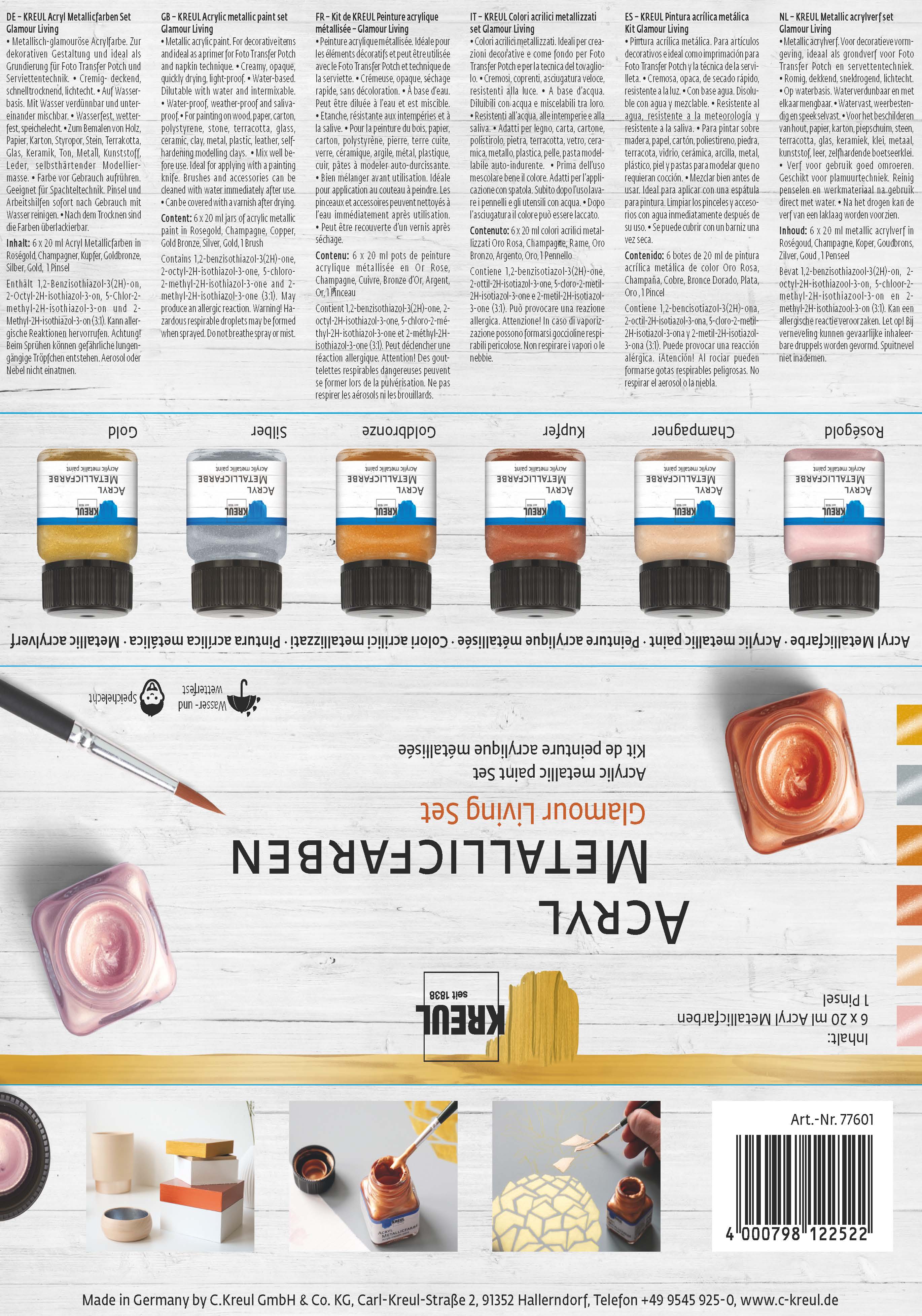 KREUL Acryl Metallicfarben Set Glamour Living 6 x 20 ml