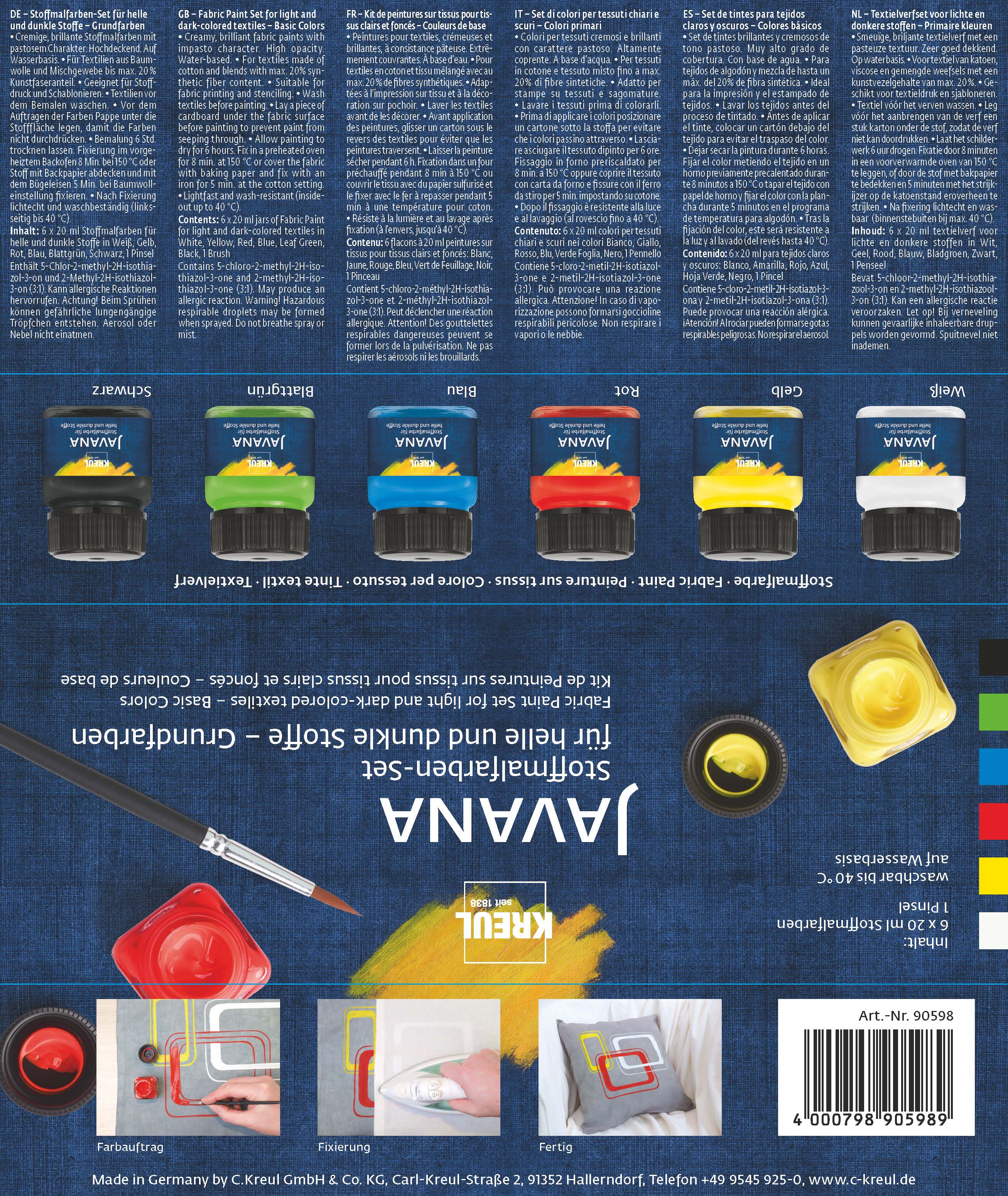 KREUL Javana Stoffmalfarben für helle und dunkle Stoffe Set Grundfarben 6 x 20 ml